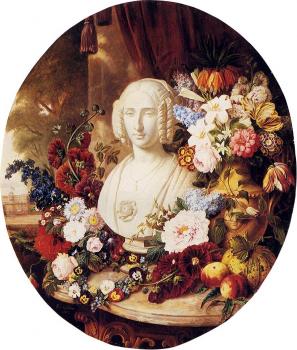 A Still Life With Assorted Flowers Fruit And A Marble Bust Of A Woman